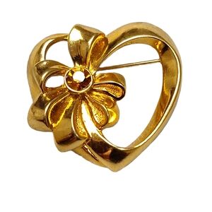 Vintage Avon Heart With Bow Gold Tone Amber Brown Rhinestone Brooch Pin